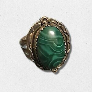 Vintage Genuine Malachite Stone Ring Sterling Silver Frame Signed "R" Emerald OS